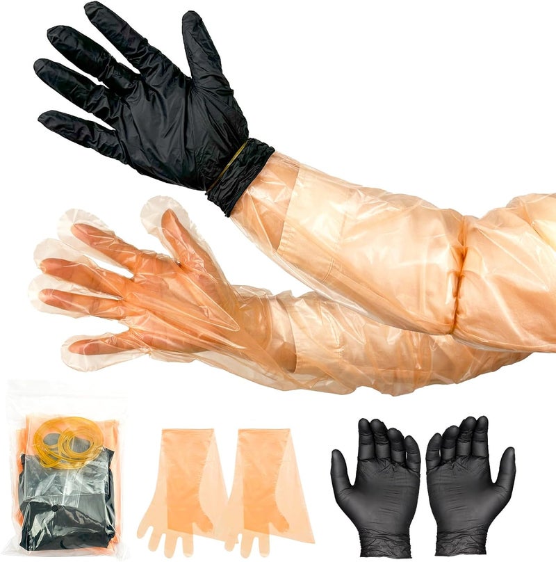 ELEMONY 60 Pairs Field Dressing Gloves for Deer Hunting and Veterinary Use, Disposable Deer Gutting Gloves, Games Cleaning Long Arm Glove and Short Nitrile Glove Combo, Individually Packaged - 30 Sets - Image 1